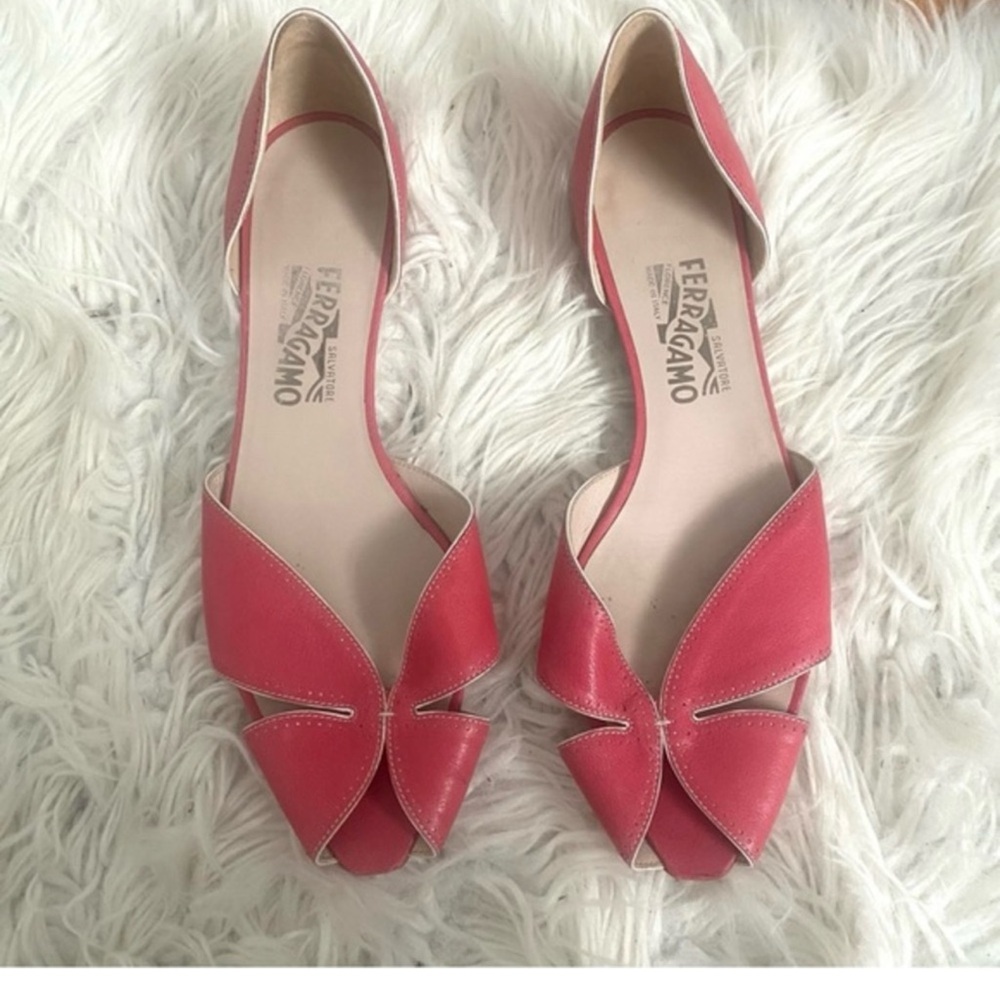Salvatore Ferragamo D’Orsay Pink Peep Toe Slip On Flats
